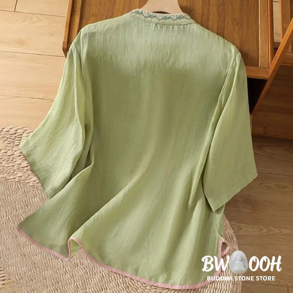 Buddha Stones Casual Ethnic Style Embroidery Flower Pattern Frog-Button Stand Collar Women’s Cotton Linen Shirt