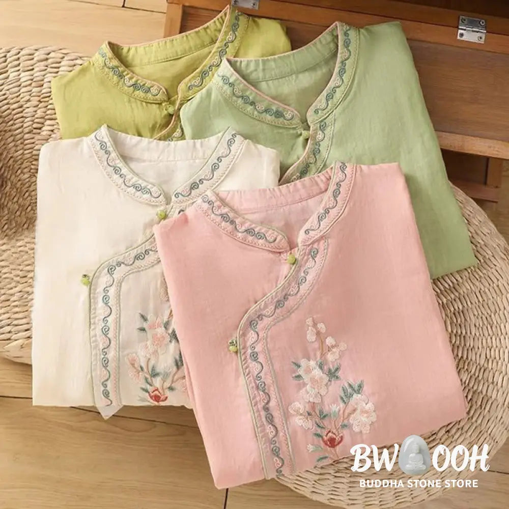 Buddha Stones Casual Ethnic Style Embroidery Flower Pattern Frog-Button Stand Collar Women’s Cotton Linen Shirt