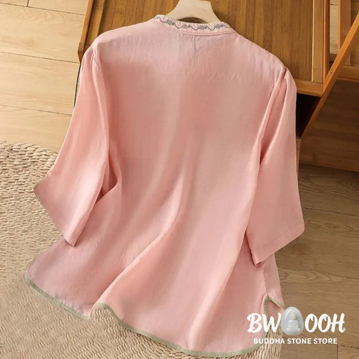 Buddha Stones Casual Ethnic Style Embroidery Flower Pattern Frog-Button Stand Collar Women’s Cotton Linen Shirt