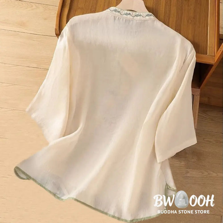 Buddha Stones Casual Ethnic Style Embroidery Flower Pattern Frog-Button Stand Collar Women’s Cotton Linen Shirt