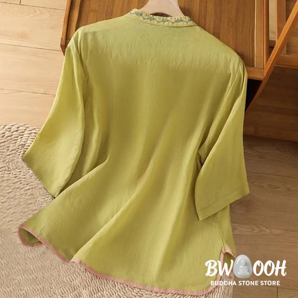 Buddha Stones Casual Ethnic Style Embroidery Flower Pattern Frog-Button Stand Collar Women’s Cotton Linen Shirt