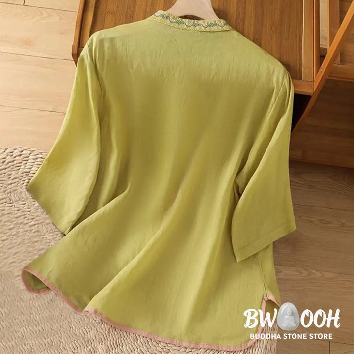 Buddha Stones Casual Ethnic Style Embroidery Flower Pattern Frog-Button Stand Collar Women’s Cotton Linen Shirt