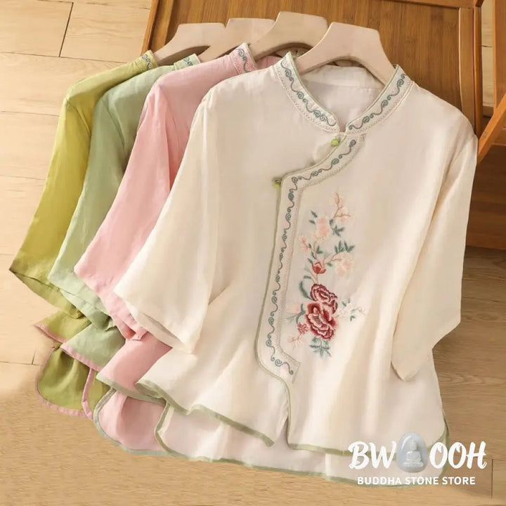 Buddha Stones Casual Ethnic Style Embroidery Flower Pattern Frog-Button Stand Collar Women’s Cotton Linen Shirt