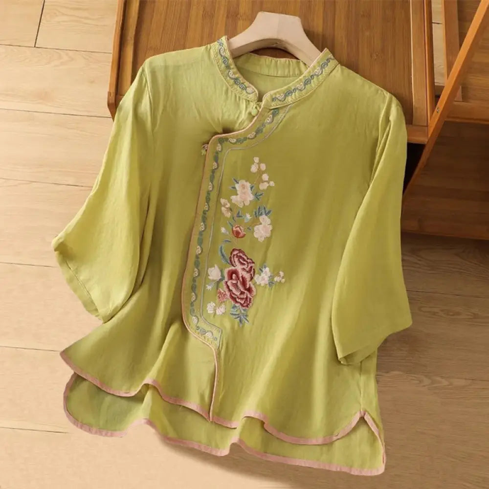 Buddha Stones Casual Ethnic Style Embroidery Flower Pattern Frog-Button Stand Collar Women’s Cotton Linen Shirt
