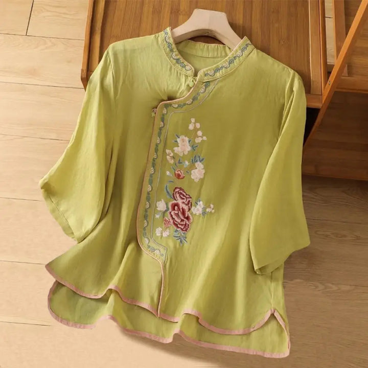 Buddha Stones Casual Ethnic Style Embroidery Flower Pattern Frog-Button Stand Collar Women’s Cotton Linen Shirt