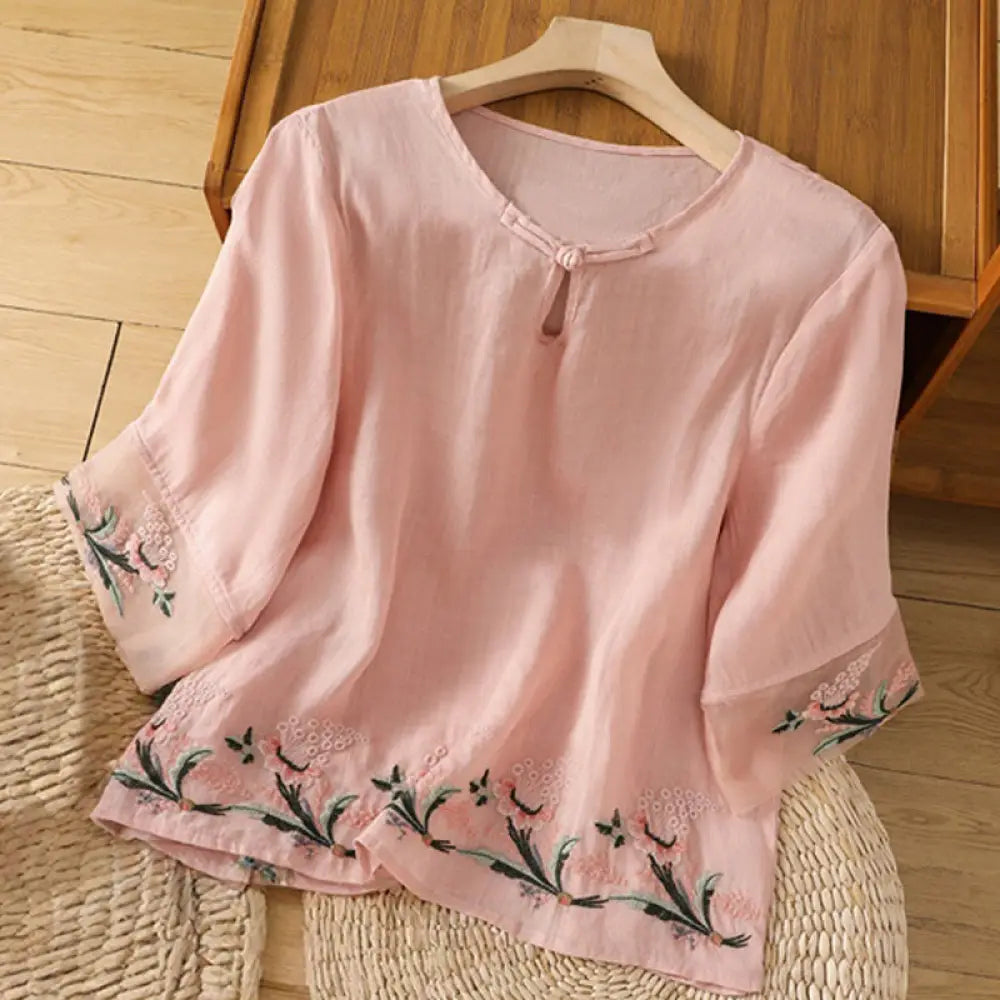 Buddha Stones Casual Floral Embroidery Crew Neck Women’s Frog-Button Polyester Half Sleeve Shirt - Pink