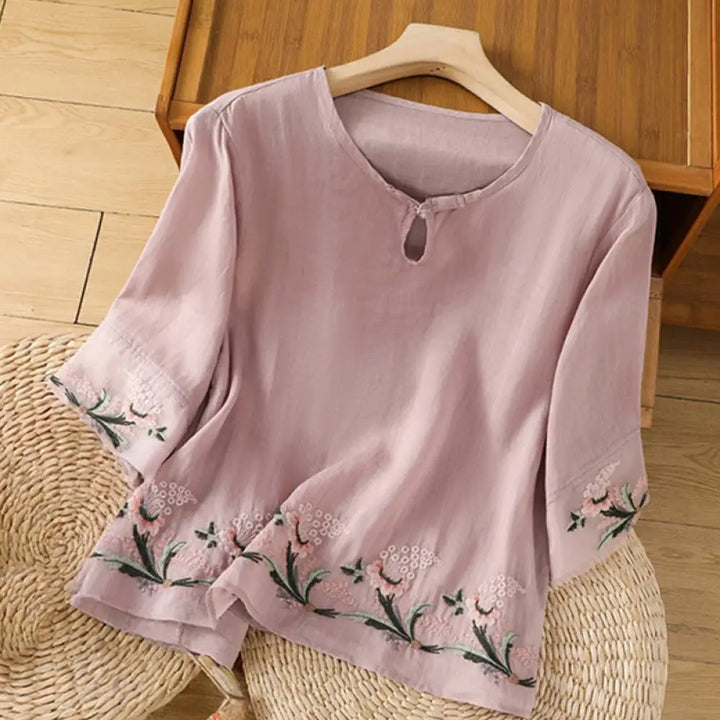 Buddha Stones Casual Floral Embroidery Crew Neck Women’s Frog-Button Polyester Half Sleeve Shirt - Plum