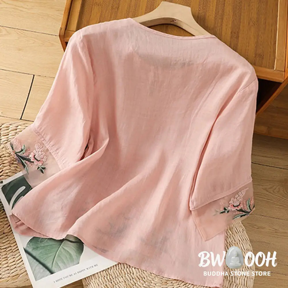 Buddha Stones Casual Floral Embroidery Crew Neck Women’s Frog-Button Polyester Half Sleeve Shirt - Women’s Shirts