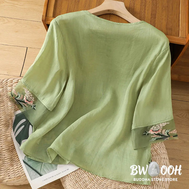 Buddha Stones Casual Floral Embroidery Crew Neck Women’s Frog-Button Polyester Half Sleeve Shirt - Women’s Shirts