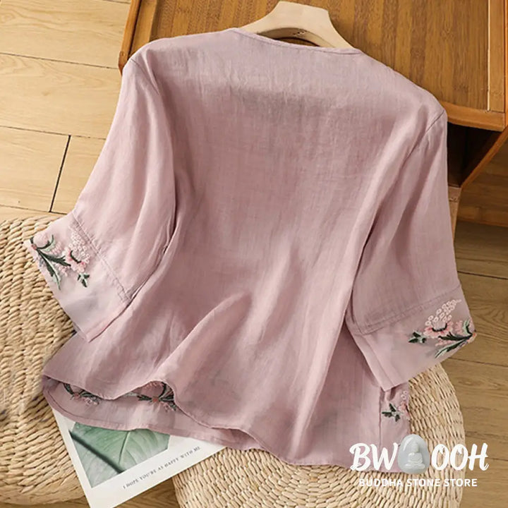 Buddha Stones Casual Floral Embroidery Crew Neck Women’s Frog-Button Polyester Half Sleeve Shirt - Women’s Shirts