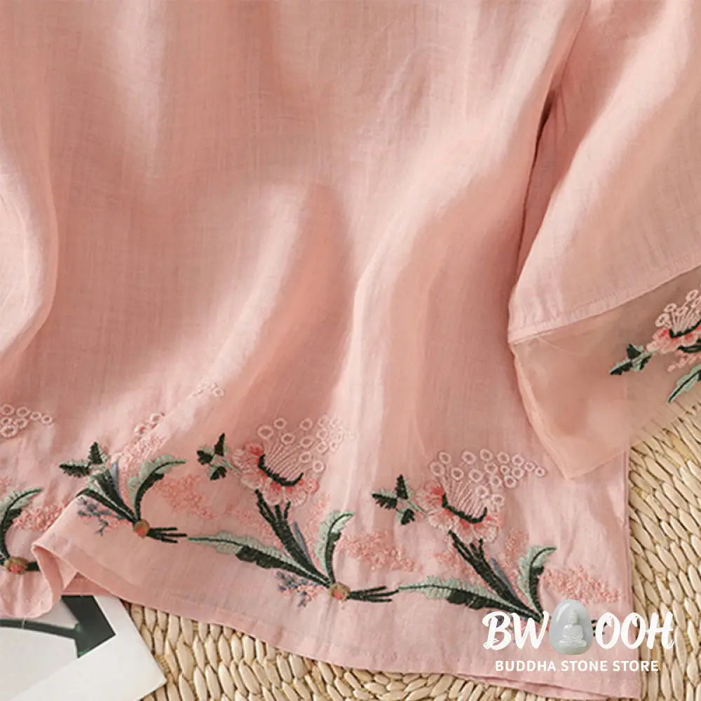 Buddha Stones Casual Floral Embroidery Crew Neck Women’s Frog-Button Polyester Half Sleeve Shirt - Women’s Shirts