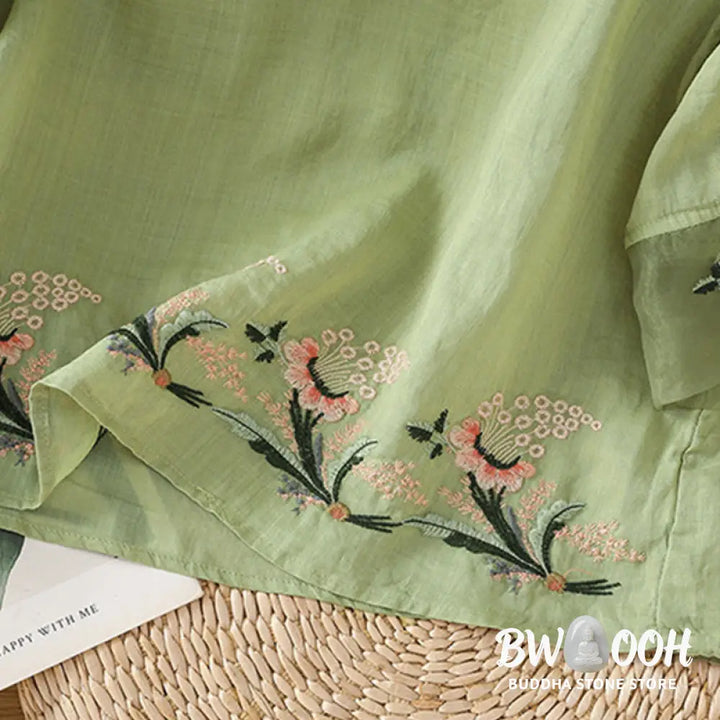Buddha Stones Casual Floral Embroidery Crew Neck Women’s Frog-Button Polyester Half Sleeve Shirt - Women’s Shirts