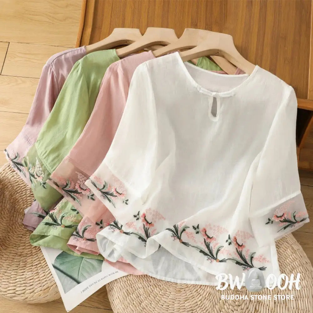 Buddha Stones Casual Floral Embroidery Crew Neck Women’s Frog-Button Polyester Half Sleeve Shirt - Women’s Shirts