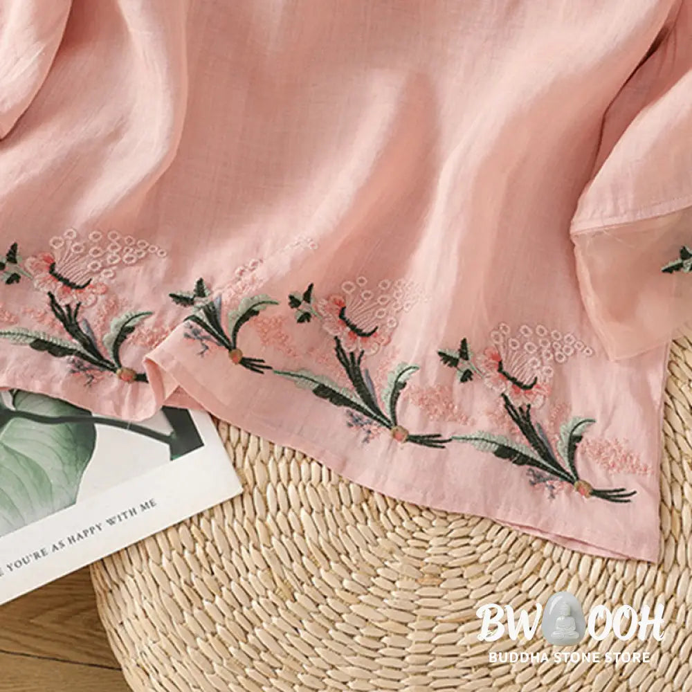 Buddha Stones Casual Floral Embroidery Crew Neck Women’s Frog-Button Polyester Half Sleeve Shirt - Women’s Shirts