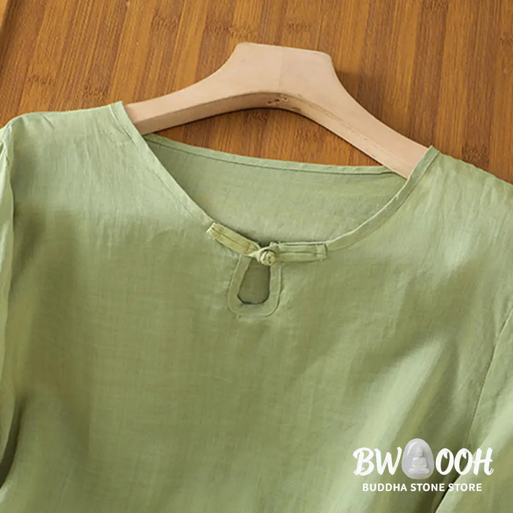 Buddha Stones Casual Floral Embroidery Crew Neck Women’s Frog-Button Polyester Half Sleeve Shirt - Women’s Shirts