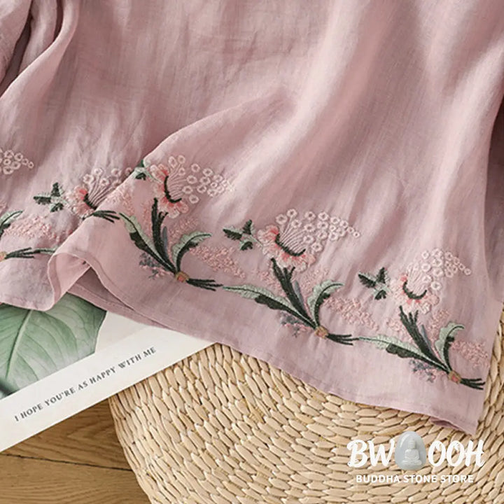 Buddha Stones Casual Floral Embroidery Crew Neck Women’s Frog-Button Polyester Half Sleeve Shirt - Women’s Shirts