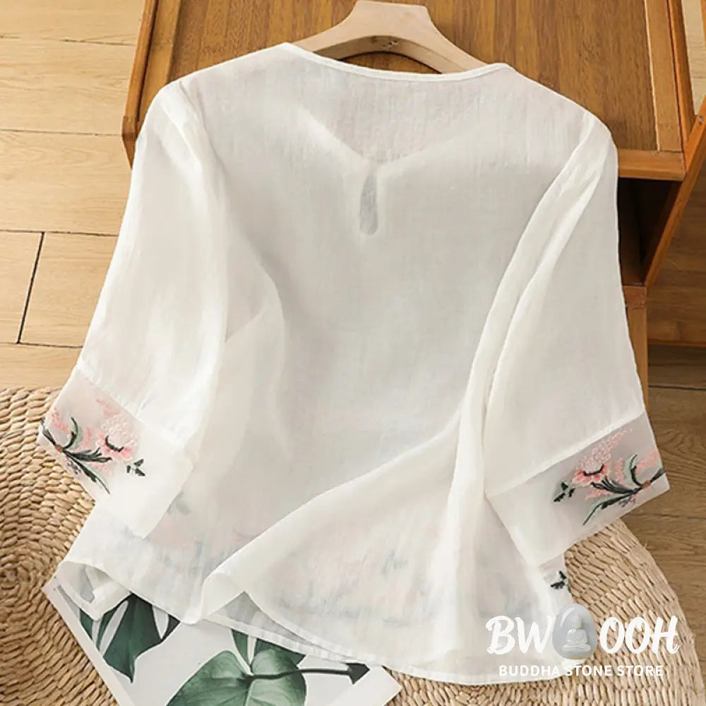 Buddha Stones Casual Floral Embroidery Crew Neck Women’s Frog-Button Polyester Half Sleeve Shirt - Women’s Shirts