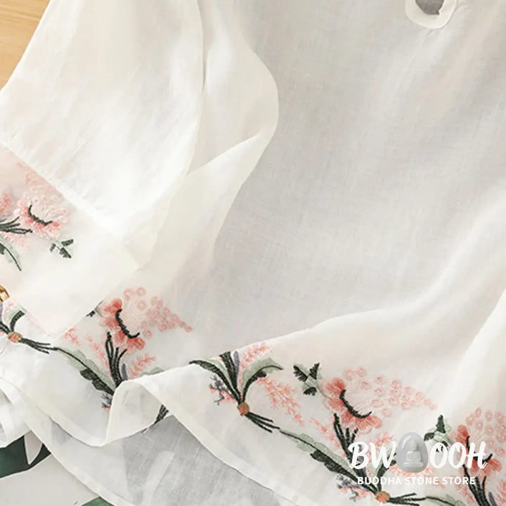 Buddha Stones Casual Floral Embroidery Crew Neck Women’s Frog-Button Polyester Half Sleeve Shirt - Women’s Shirts