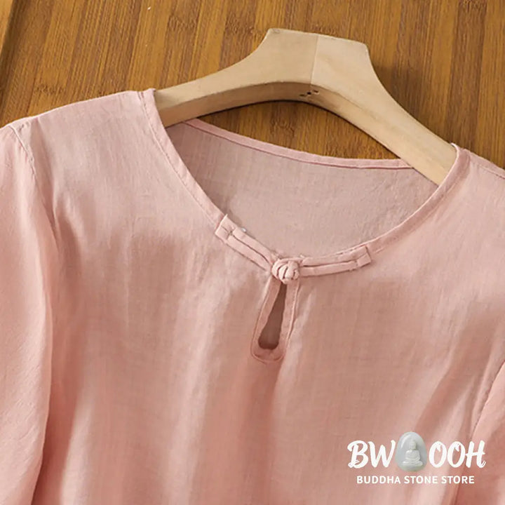 Buddha Stones Casual Floral Embroidery Crew Neck Women’s Frog-Button Polyester Half Sleeve Shirt - Women’s Shirts