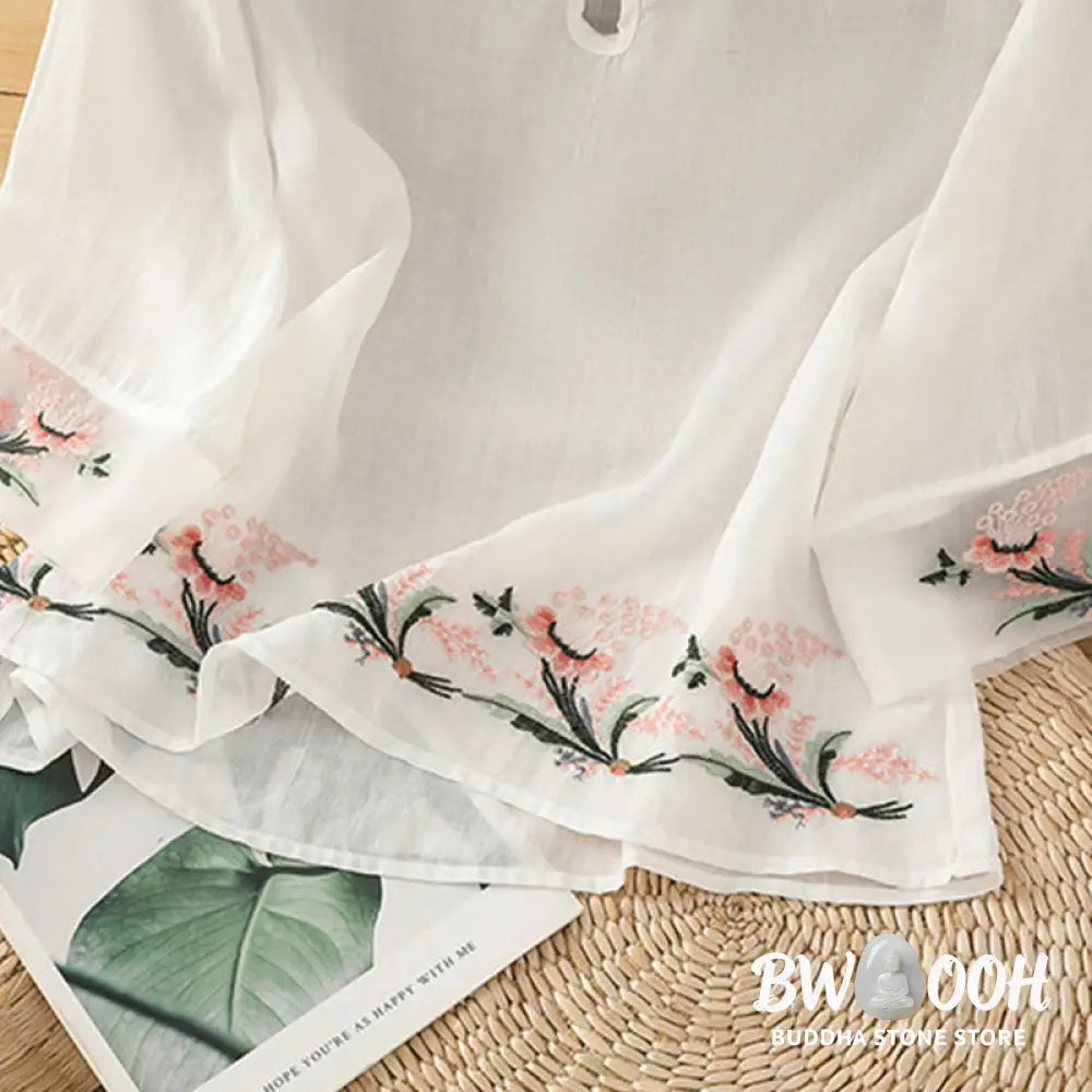 Buddha Stones Casual Floral Embroidery Crew Neck Women’s Frog-Button Polyester Half Sleeve Shirt - Women’s Shirts