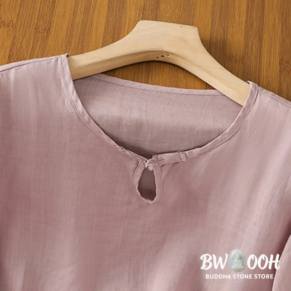 Buddha Stones Casual Floral Embroidery Crew Neck Women’s Frog-Button Polyester Half Sleeve Shirt - Women’s Shirts