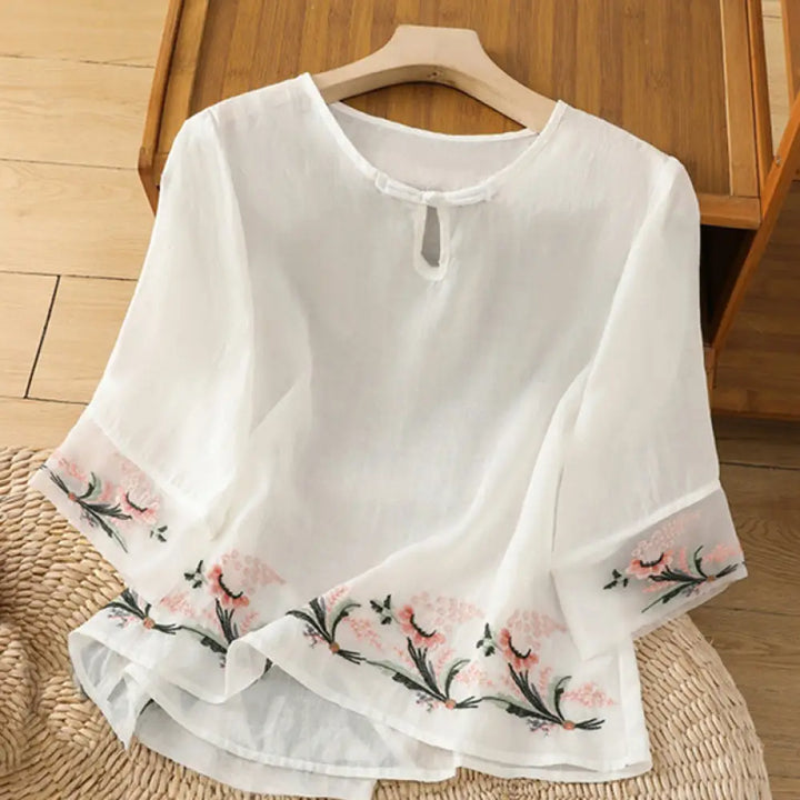 Buddha Stones Casual Floral Embroidery Crew Neck Women’s Frog-Button Polyester Half Sleeve Shirt - White