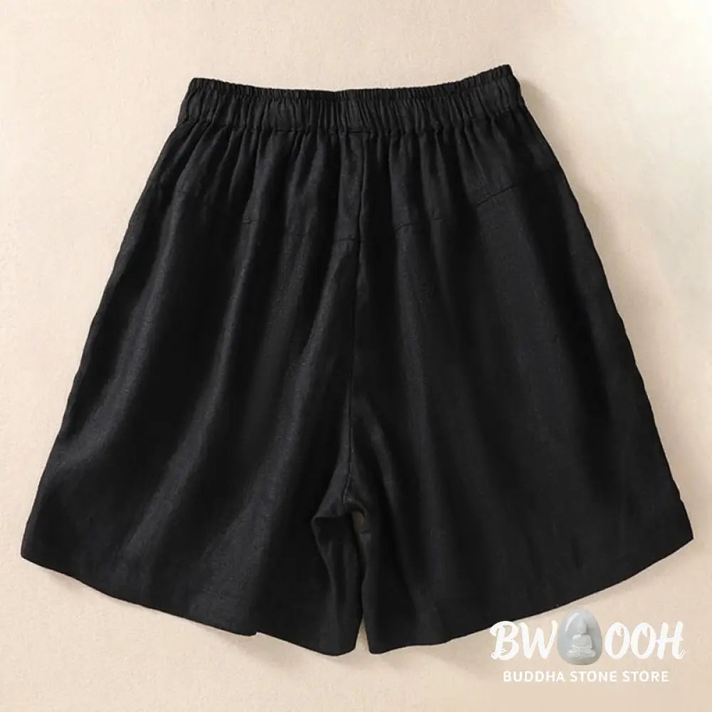 Buddha Stones Casual Floral Embroidery Pattern Drawstring Cotton Linen Women’s Shorts With Pockets - Women’s Shorts