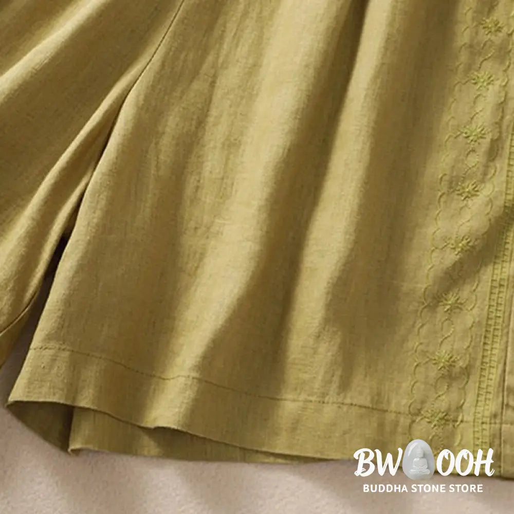 Buddha Stones Casual Floral Embroidery Pattern Drawstring Cotton Linen Women’s Shorts With Pockets - Women’s Shorts