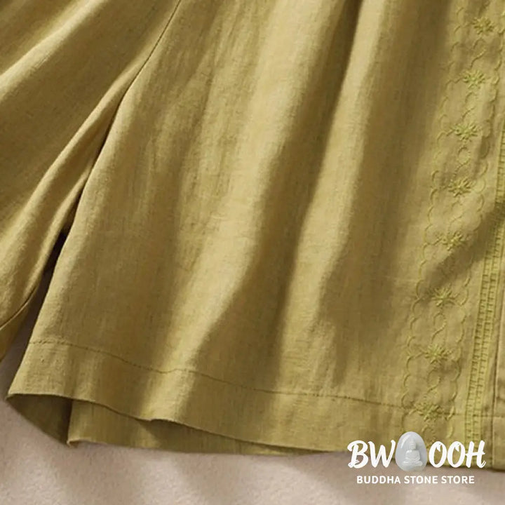 Buddha Stones Casual Floral Embroidery Pattern Drawstring Cotton Linen Women’s Shorts With Pockets - Women’s Shorts
