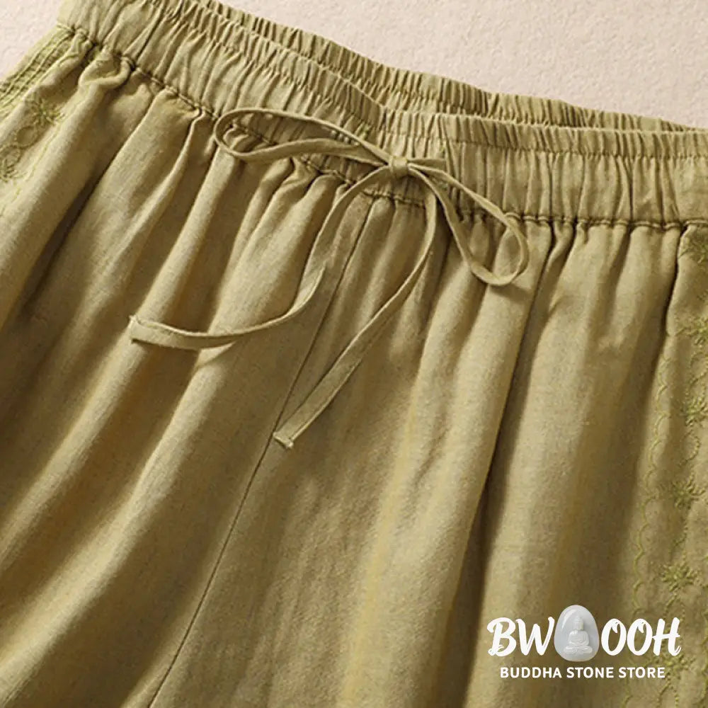 Buddha Stones Casual Floral Embroidery Pattern Drawstring Cotton Linen Women’s Shorts With Pockets - Women’s Shorts