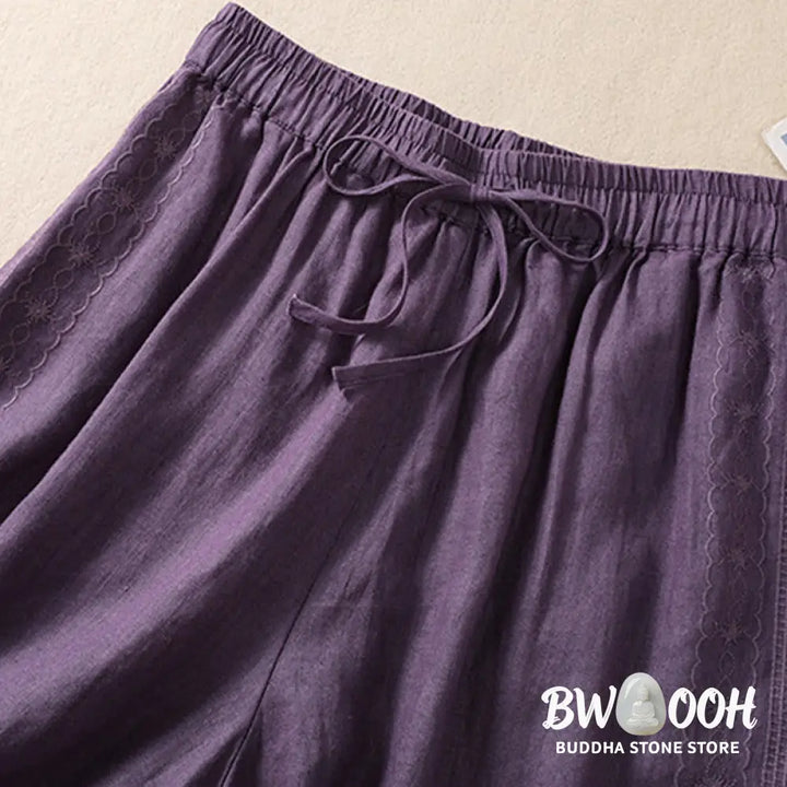 Buddha Stones Casual Floral Embroidery Pattern Drawstring Cotton Linen Women’s Shorts With Pockets - Women’s Shorts