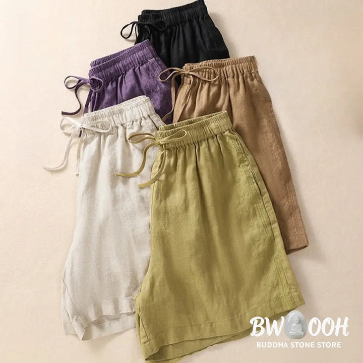 Buddha Stones Casual Floral Embroidery Pattern Drawstring Cotton Linen Women’s Shorts With Pockets - Women’s Shorts