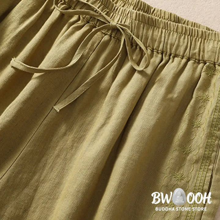 Buddha Stones Casual Floral Embroidery Pattern Drawstring Cotton Linen Women’s Shorts With Pockets - Women’s Shorts