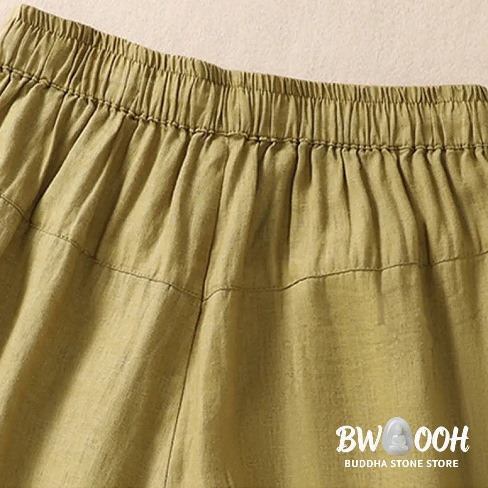 Buddha Stones Casual Floral Embroidery Pattern Drawstring Cotton Linen Women’s Shorts With Pockets - Women’s Shorts