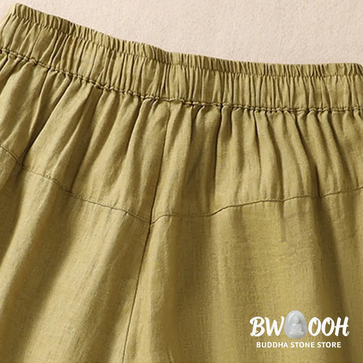 Buddha Stones Casual Floral Embroidery Pattern Drawstring Cotton Linen Women’s Shorts With Pockets - Women’s Shorts