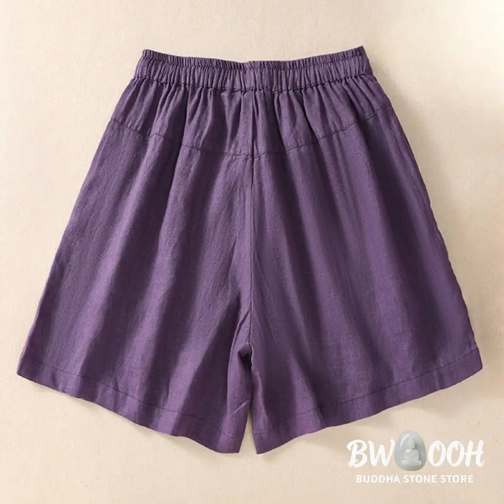 Buddha Stones Casual Floral Embroidery Pattern Drawstring Cotton Linen Women’s Shorts With Pockets - Women’s Shorts