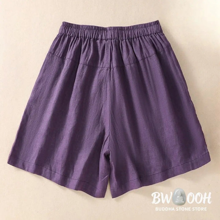 Buddha Stones Casual Floral Embroidery Pattern Drawstring Cotton Linen Women’s Shorts With Pockets - Women’s Shorts