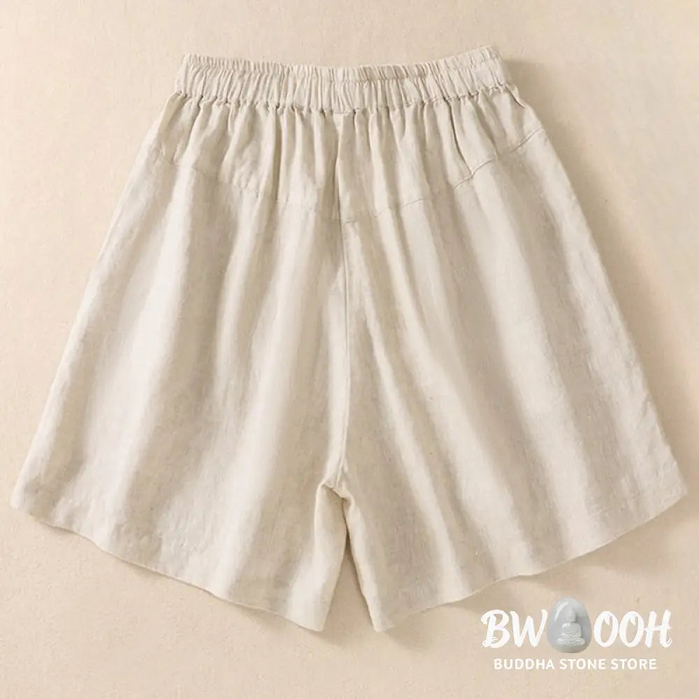 Buddha Stones Casual Floral Embroidery Pattern Drawstring Cotton Linen Women’s Shorts With Pockets - Women’s Shorts