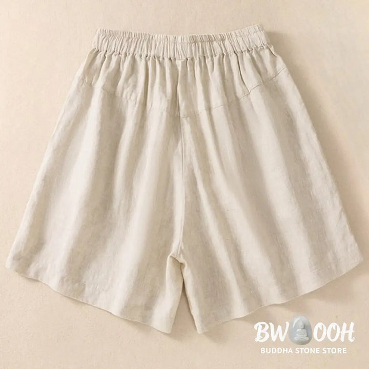 Buddha Stones Casual Floral Embroidery Pattern Drawstring Cotton Linen Women’s Shorts With Pockets - Women’s Shorts