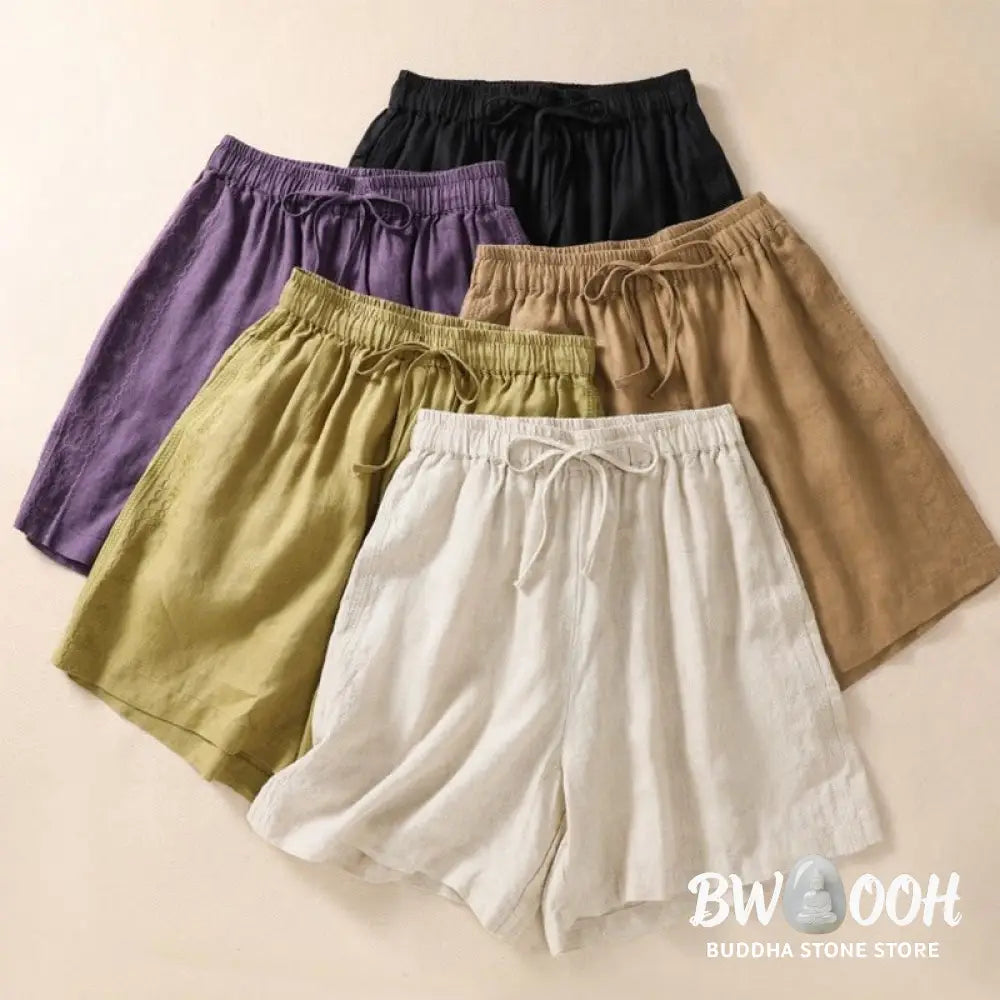 Buddha Stones Casual Floral Embroidery Pattern Drawstring Cotton Linen Women’s Shorts With Pockets - Women’s Shorts