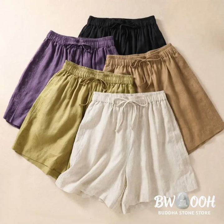 Buddha Stones Casual Floral Embroidery Pattern Drawstring Cotton Linen Women’s Shorts With Pockets - Women’s Shorts