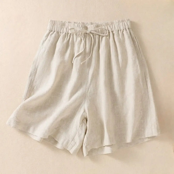 Buddha Stones Casual Floral Embroidery Pattern Drawstring Cotton Linen Women’s Shorts With Pockets - Beige