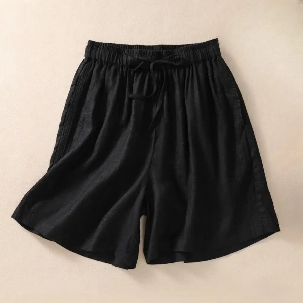 Buddha Stones Casual Floral Embroidery Pattern Drawstring Cotton Linen Women’s Shorts With Pockets - Black