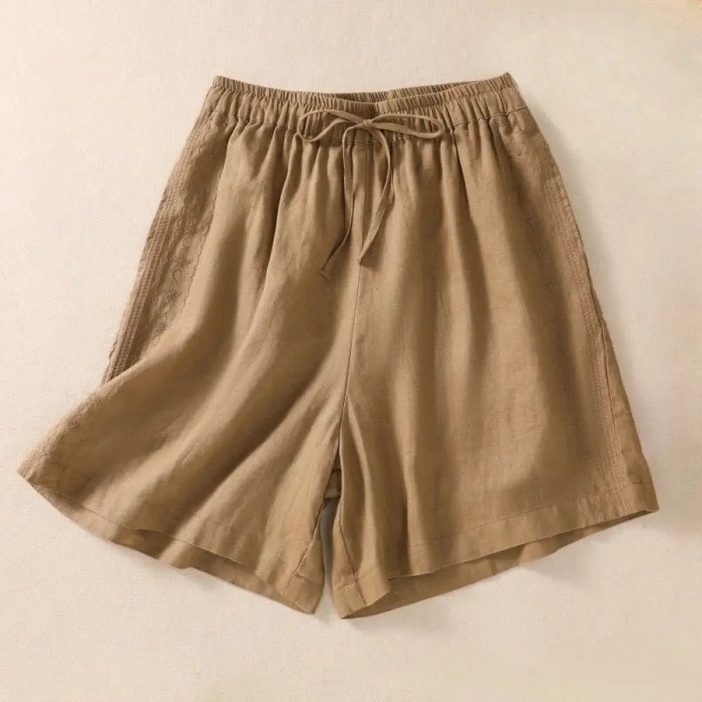 Buddha Stones Casual Floral Embroidery Pattern Drawstring Cotton Linen Women’s Shorts With Pockets - Peru