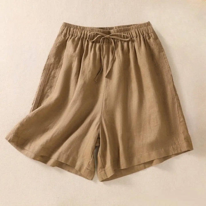 Buddha Stones Casual Floral Embroidery Pattern Drawstring Cotton Linen Women’s Shorts With Pockets - Peru