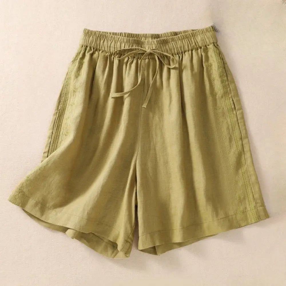 Buddha Stones Casual Floral Embroidery Pattern Drawstring Cotton Linen Women’s Shorts With Pockets - YellowGreen