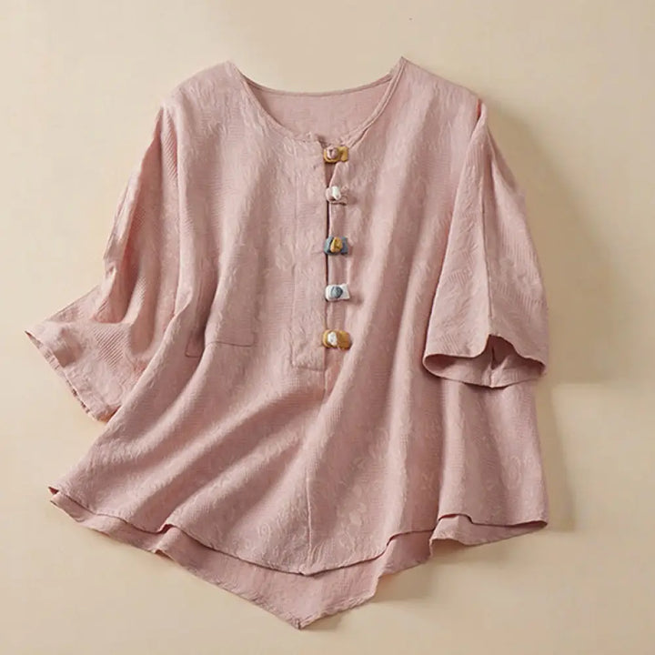 Buddha Stones Casual Flower Colorful Frog Button Half Sleeve Cotton Linen Women’s Shirt - Pink / US4，UK/AU8，EU36 (L)