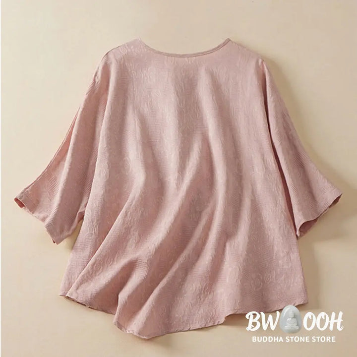 Buddha Stones Casual Flower Colorful Frog Button Half Sleeve Cotton Linen Women’s Shirt - Women’s Shirts