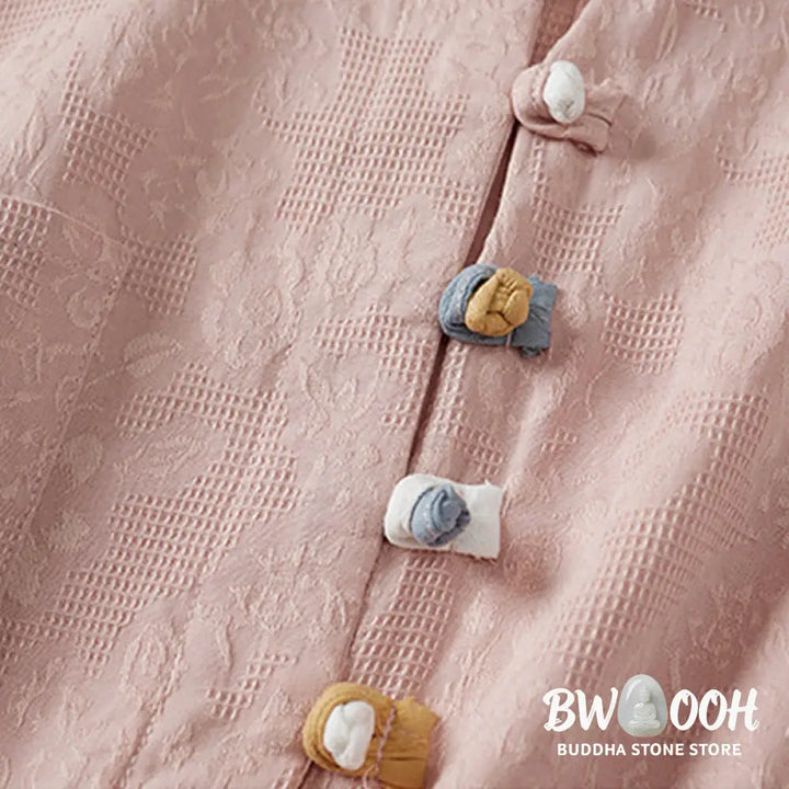 Buddha Stones Casual Flower Colorful Frog Button Half Sleeve Cotton Linen Women’s Shirt - Women’s Shirts