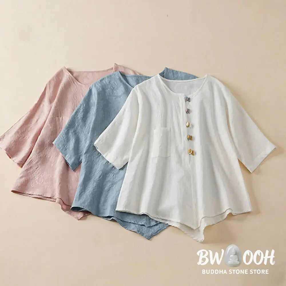 Buddha Stones Casual Flower Colorful Frog Button Half Sleeve Cotton Linen Women’s Shirt - Women’s Shirts